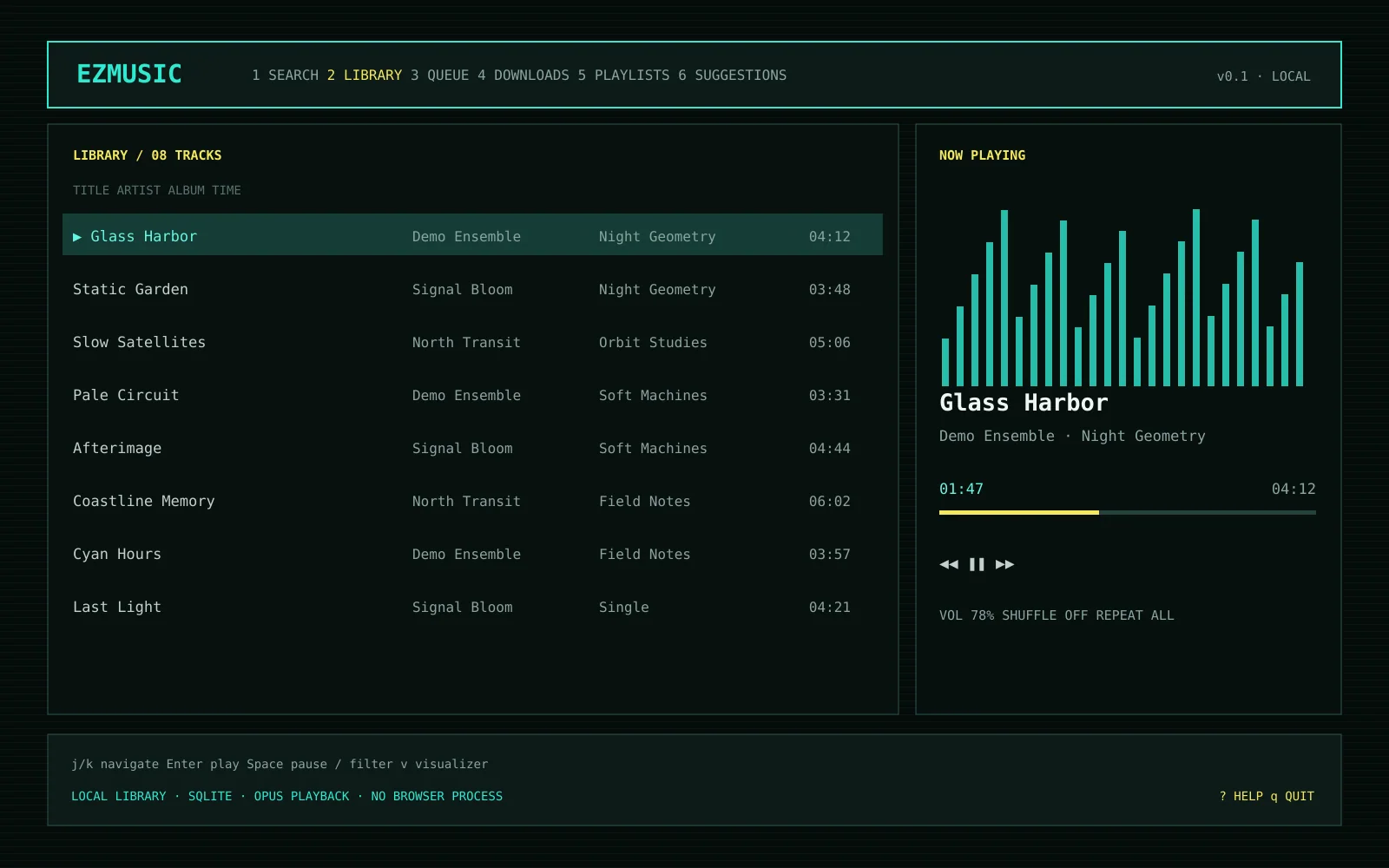 Biblioteca e player do EzMusic em um terminal com faixas de demonstração não pessoais